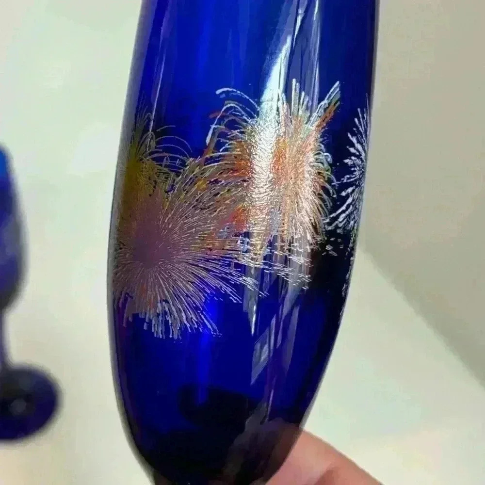 Millennium Y2K New Year’s Eve  1999/2000 cobalt glass champagne flutes. - Picture 8 of 10